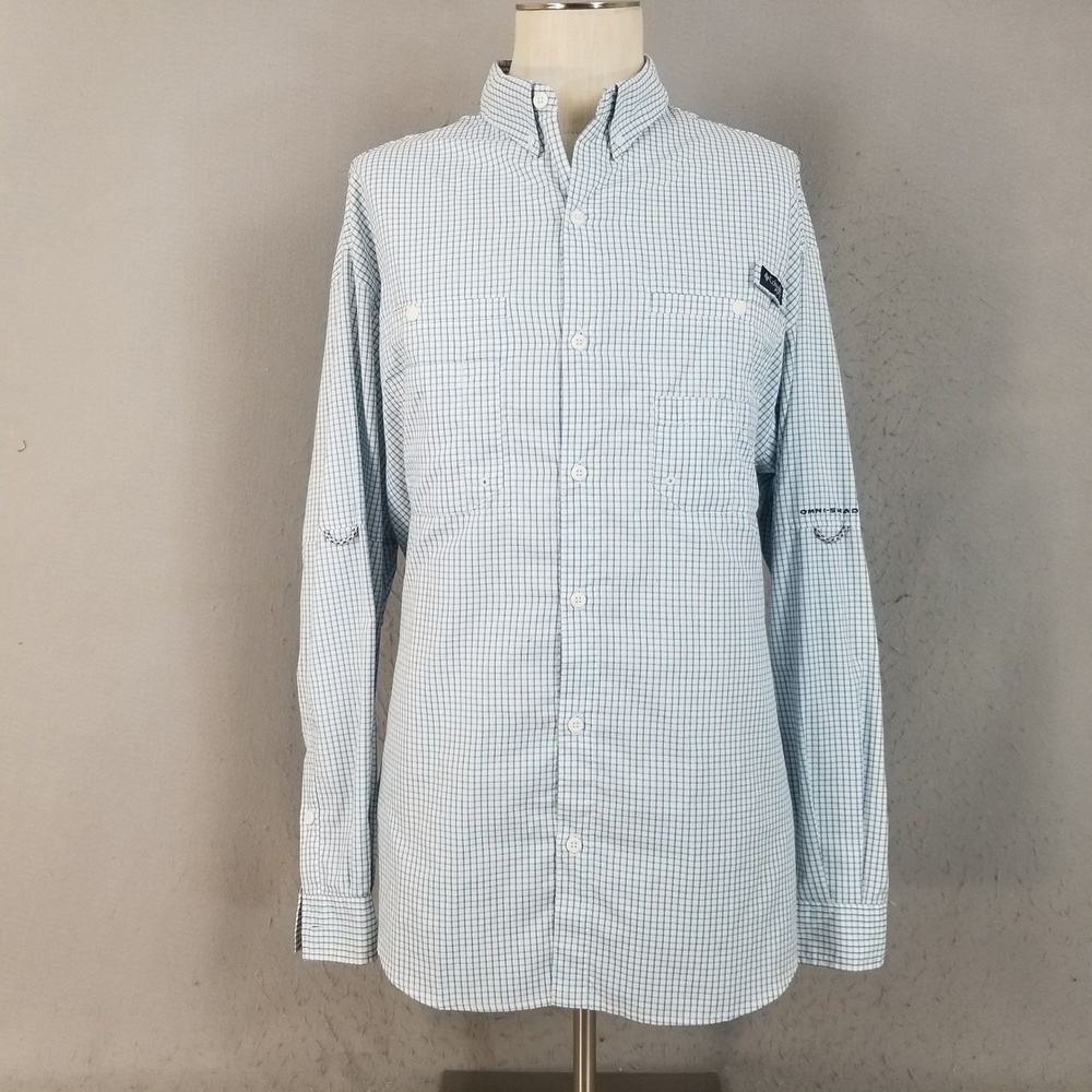 Columbia Fishing Shirt Men XL Blue Super Tamiami PFG Plaid LS Omni-Shade